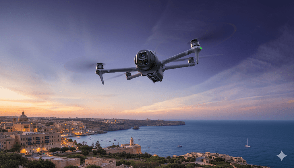 DJI Mavic 4 Pro drone flying over Malta landscape